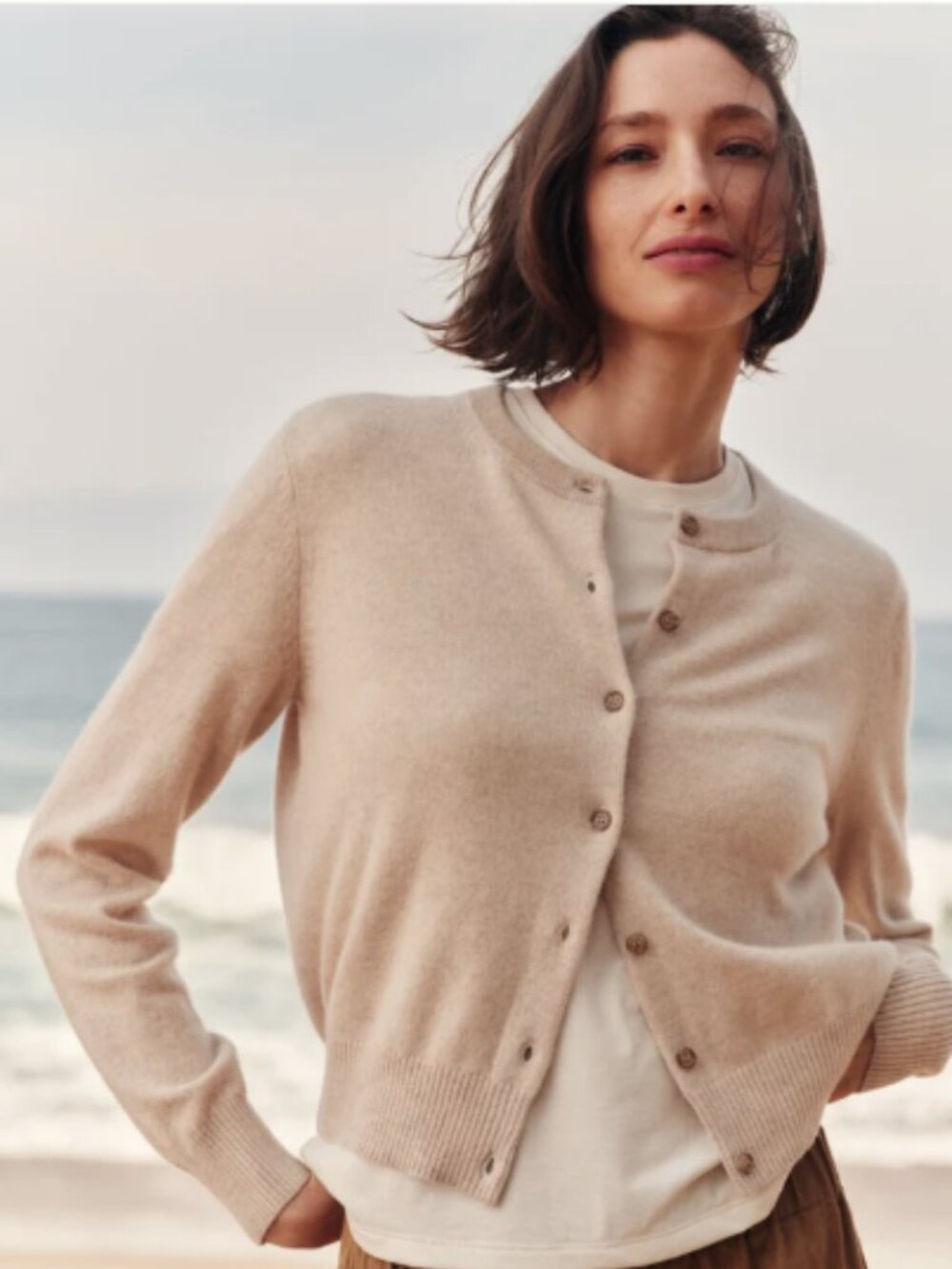Jenni Kayne Flynn Cashmere Crew Button Front Cardigan Sweater Oat Tan S